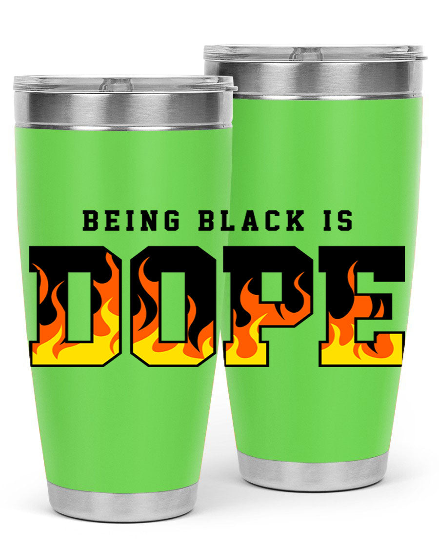 A stylish black cotton tank top featuring the phrase 'Being Black is Dope' surrounded by vibrant flames, perfect for casual wear.