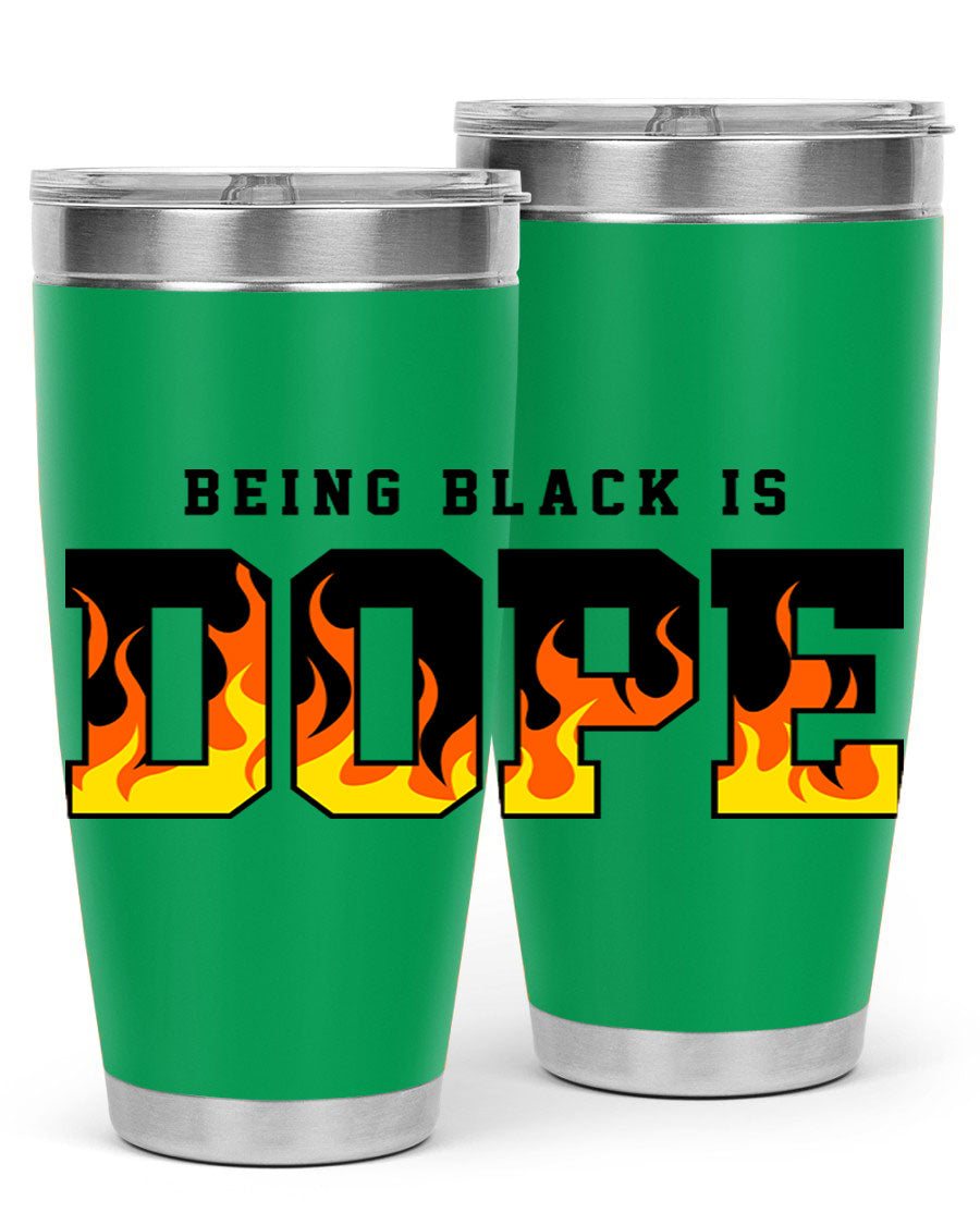 A stylish black cotton tank top featuring the phrase 'Being Black is Dope' surrounded by vibrant flames, perfect for casual wear.