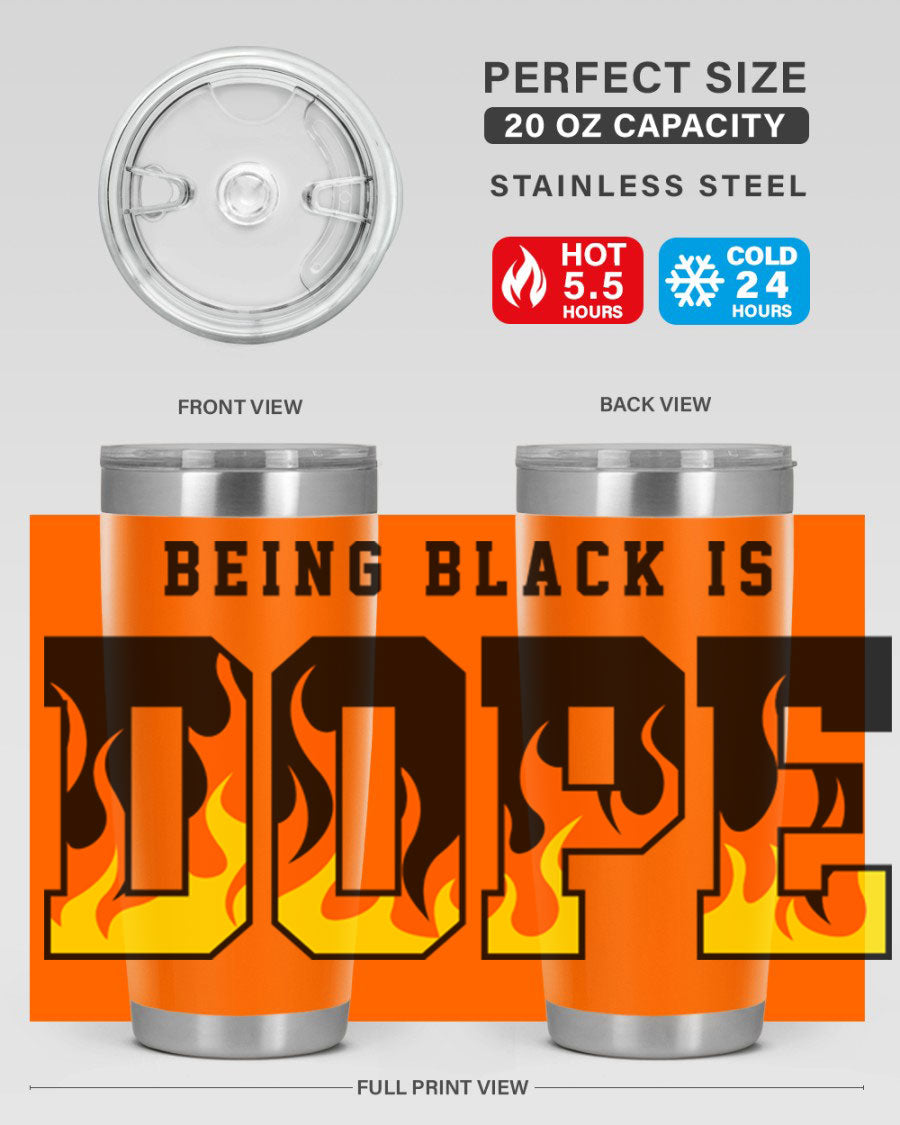 A stylish black cotton tank top featuring the phrase 'Being Black is Dope' surrounded by vibrant flames, perfect for casual wear.