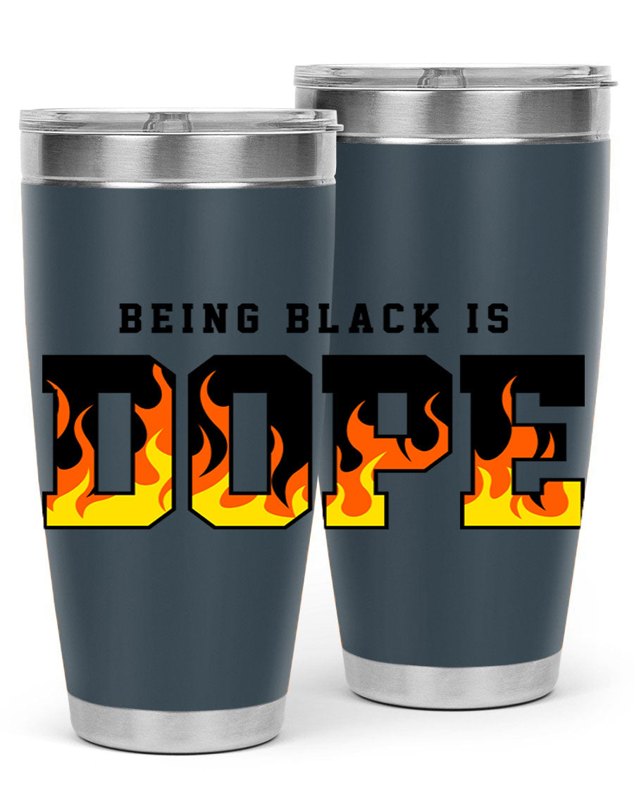 A stylish black cotton tank top featuring the phrase 'Being Black is Dope' surrounded by vibrant flames, perfect for casual wear.