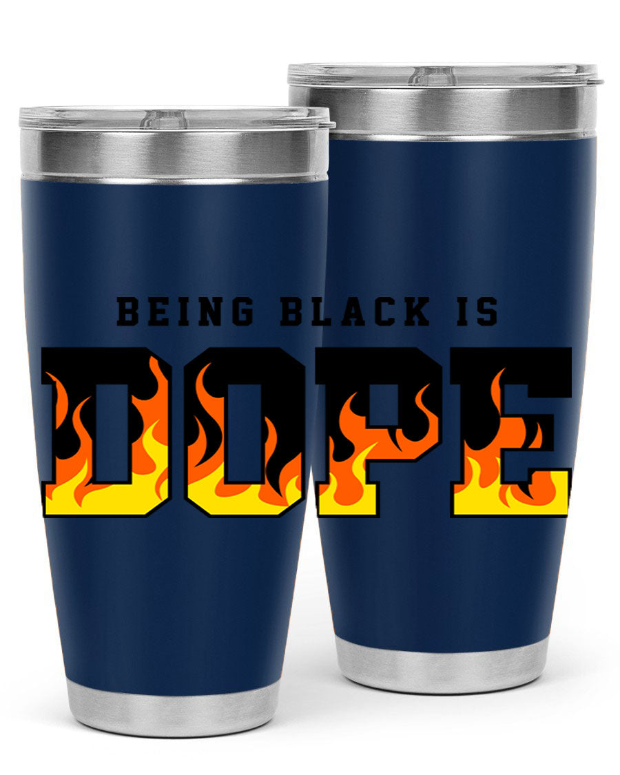 A stylish black cotton tank top featuring the phrase 'Being Black is Dope' surrounded by vibrant flames, perfect for casual wear.