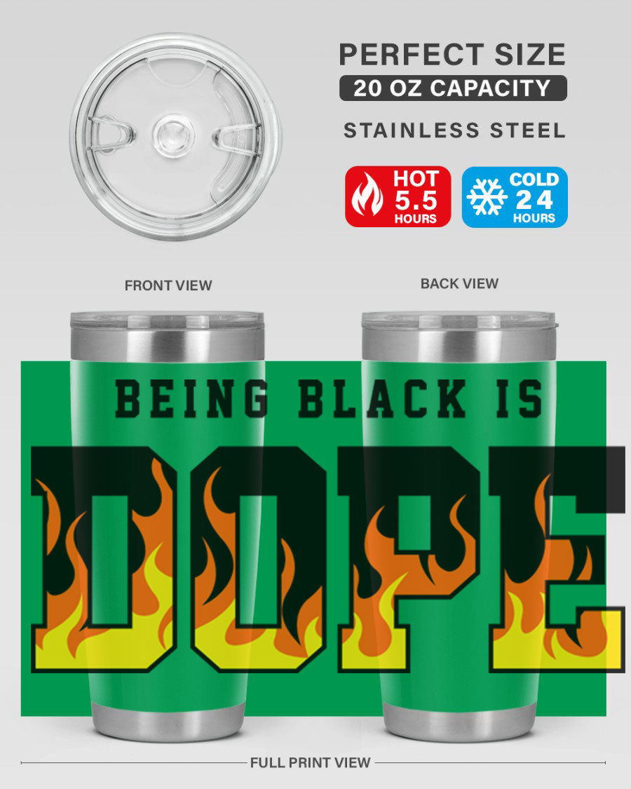 A stylish black cotton tank top featuring the phrase 'Being Black is Dope' surrounded by vibrant flames, perfect for casual wear.