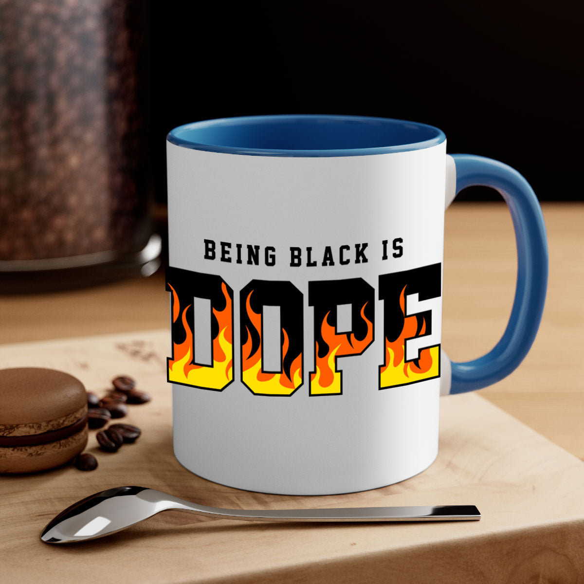A stylish two-tone mug featuring the phrase 'Being Black is Dope Flames' with a glossy finish and colored handle.