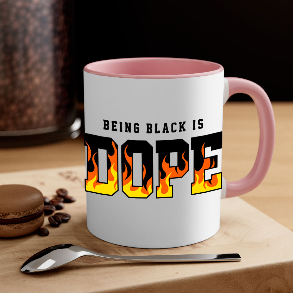 A stylish two-tone mug featuring the phrase 'Being Black is Dope Flames' with a glossy finish and colored handle.