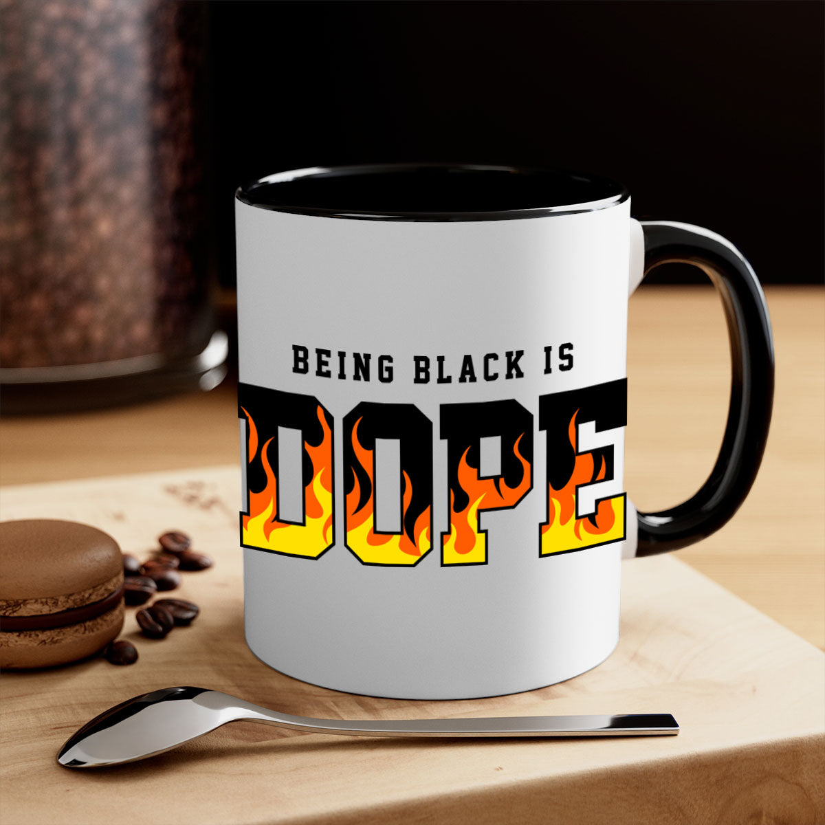 A stylish two-tone mug featuring the phrase 'Being Black is Dope Flames' with a glossy finish and colored handle.