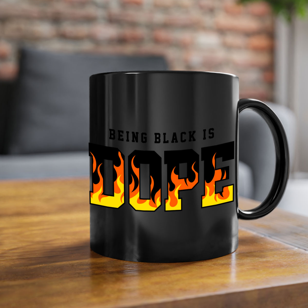 A stylish two-tone mug featuring the phrase 'Being Black is Dope Flames' with a glossy finish and colored handle.