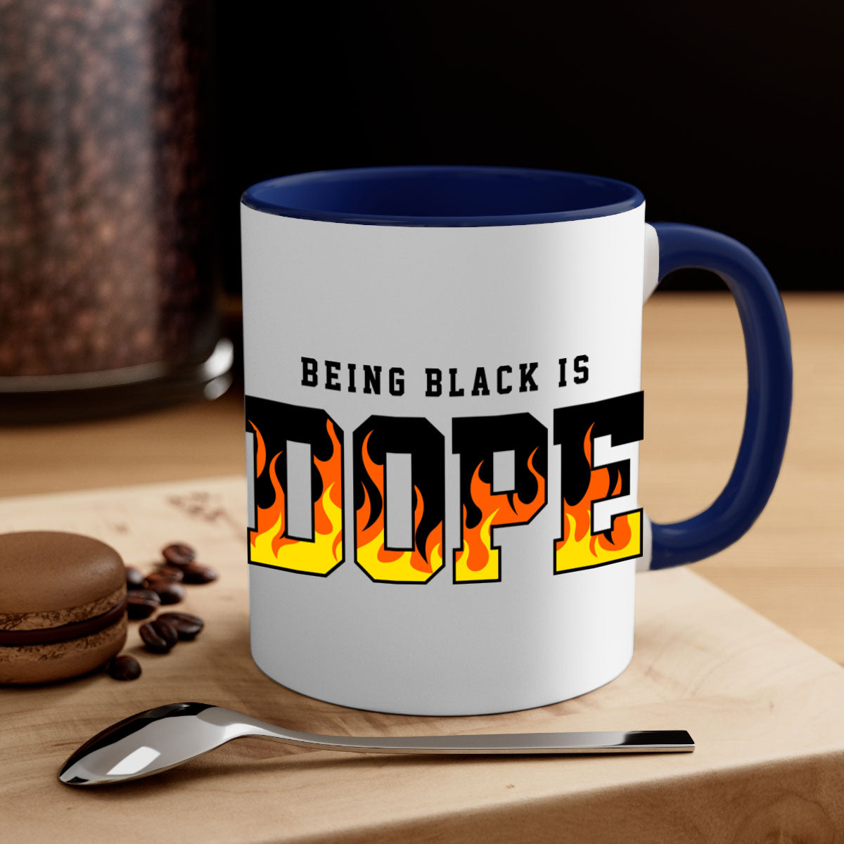 A stylish two-tone mug featuring the phrase 'Being Black is Dope Flames' with a glossy finish and colored handle.