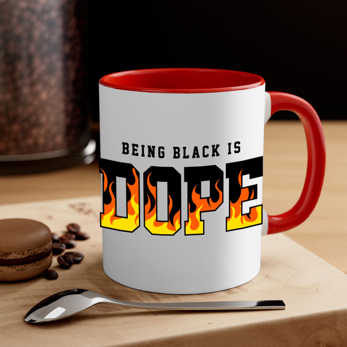 A stylish two-tone mug featuring the phrase 'Being Black is Dope Flames' with a glossy finish and colored handle.