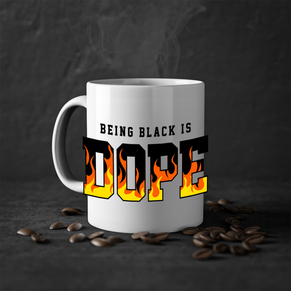 A stylish two-tone mug featuring the phrase 'Being Black is Dope Flames' with a glossy finish and colored handle.