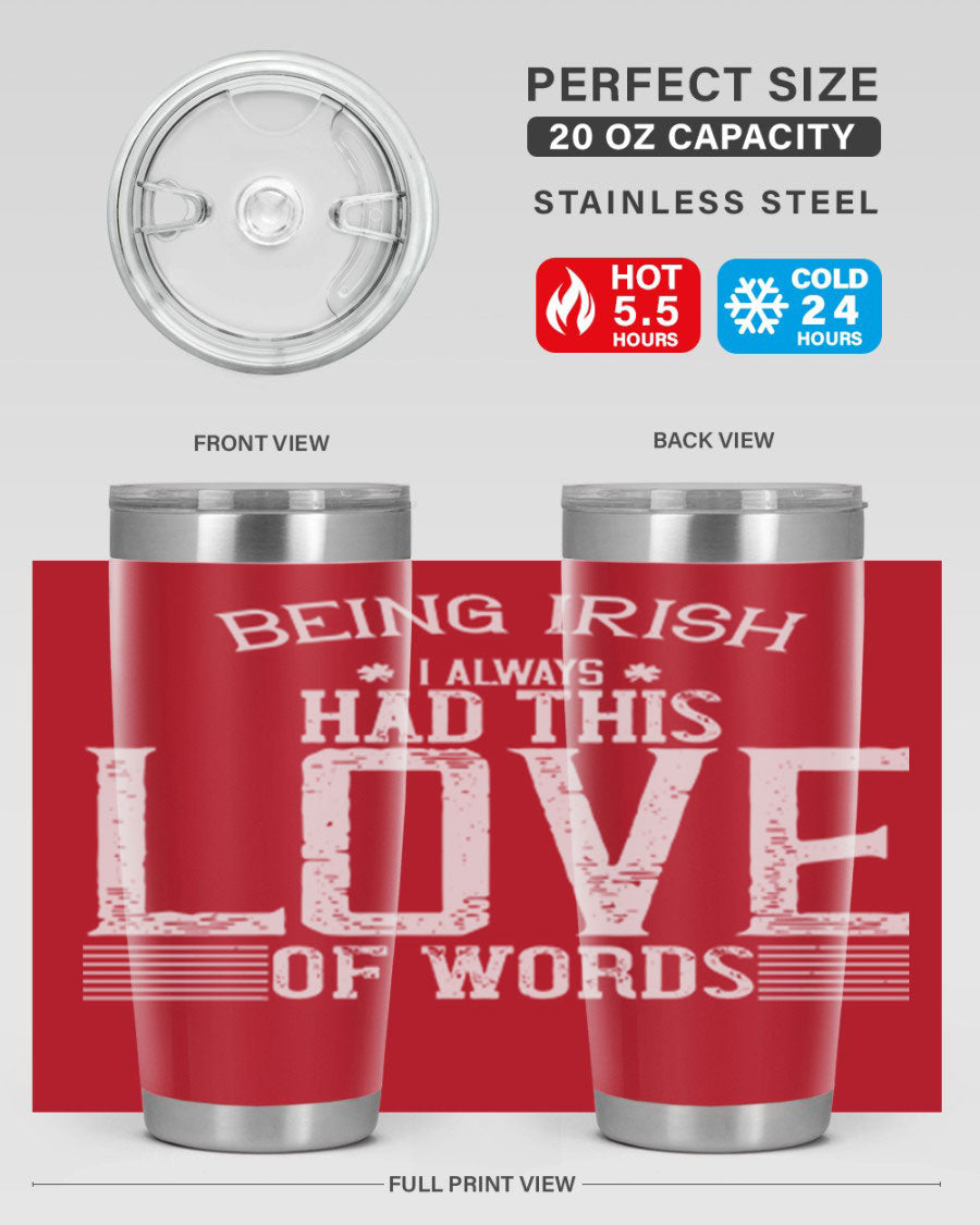 Stylish 20oz and 30oz stainless steel tumblers featuring Irish-themed design, perfect for hot and cold beverages.