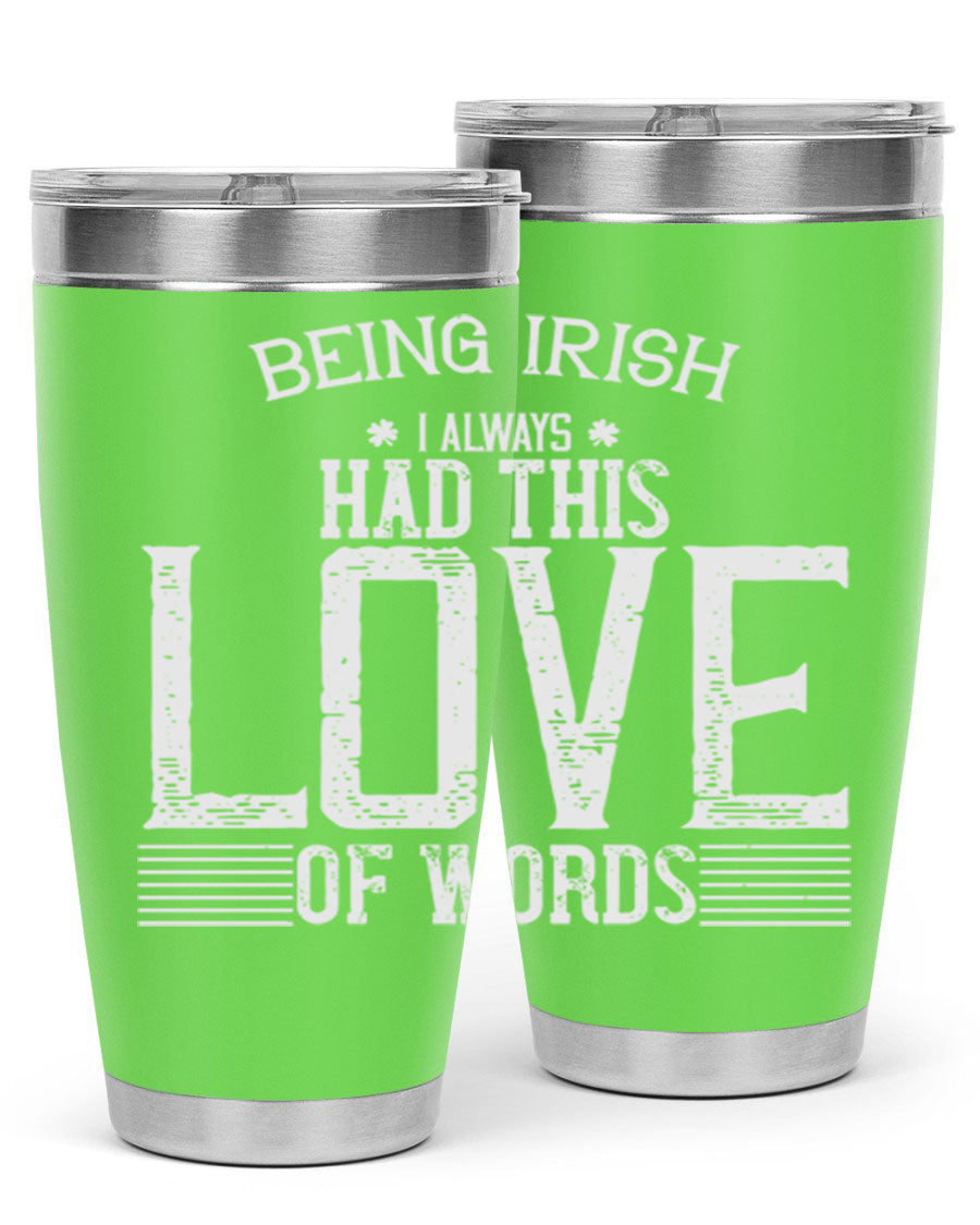 Stylish 20oz and 30oz stainless steel tumblers featuring Irish-themed design, perfect for hot and cold beverages.