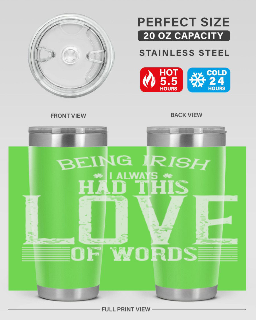 Stylish 20oz and 30oz stainless steel tumblers featuring Irish-themed design, perfect for hot and cold beverages.