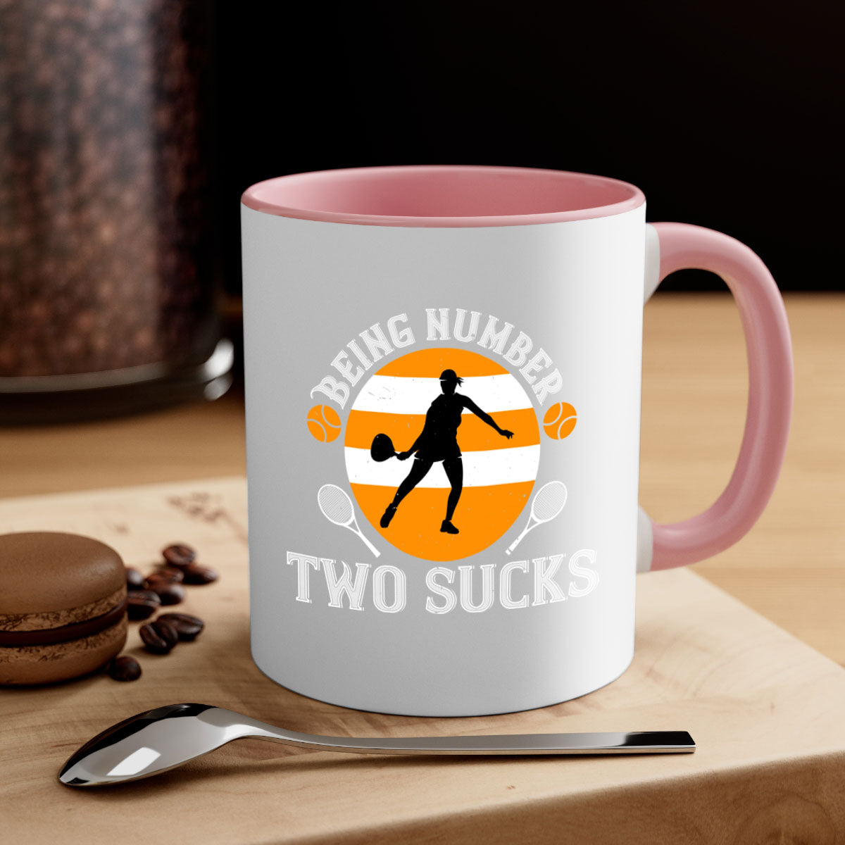 Being Number Two Sucks Mug with colorful handle and glossy finish, available in multiple colors.