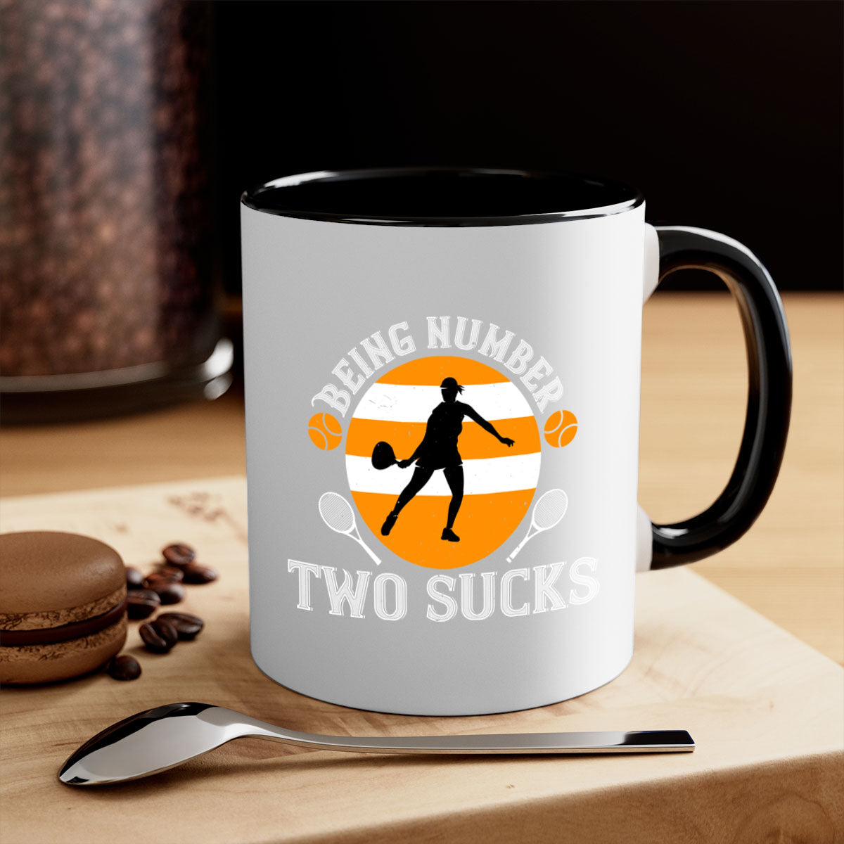 Being Number Two Sucks Mug with colorful handle and glossy finish, available in multiple colors.