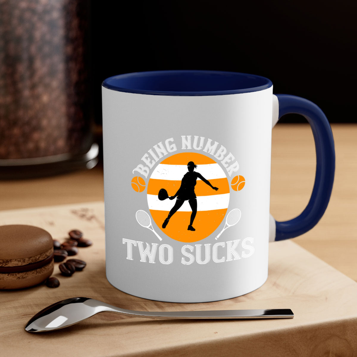 Being Number Two Sucks Mug with colorful handle and glossy finish, available in multiple colors.