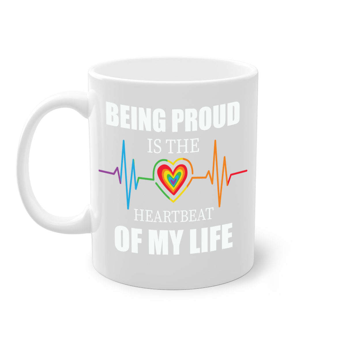 Being Proud is the Heartbeat LGBT Mug with colorful handle and interior, showcasing a glossy finish.