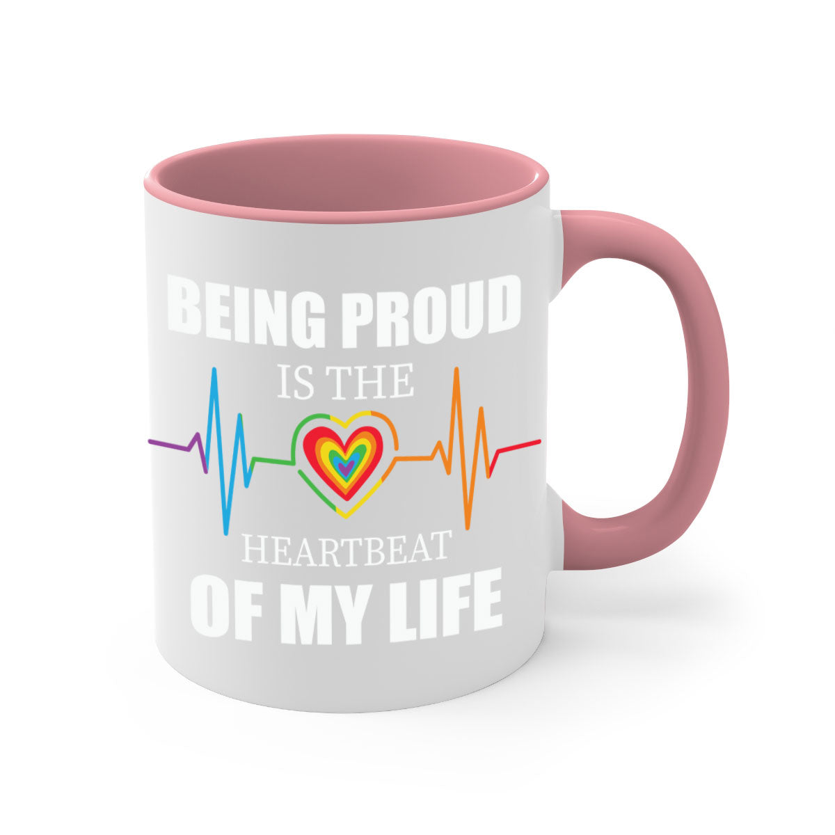 Being Proud is the Heartbeat LGBT Mug with colorful handle and interior, showcasing a glossy finish.