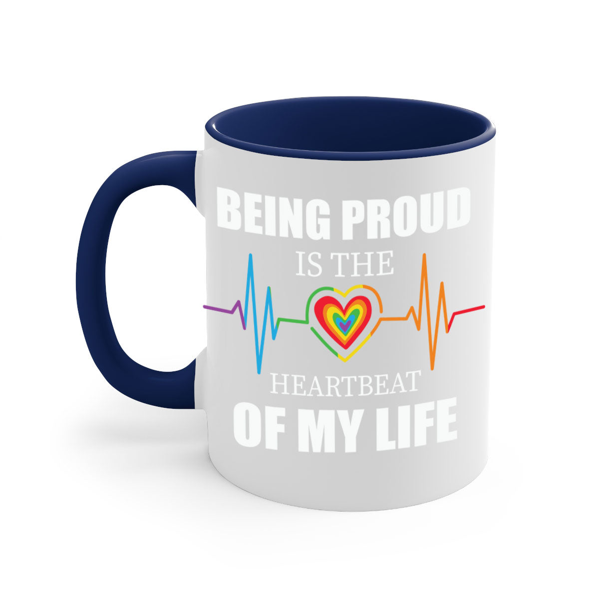 Being Proud is the Heartbeat LGBT Mug with colorful handle and interior, showcasing a glossy finish.