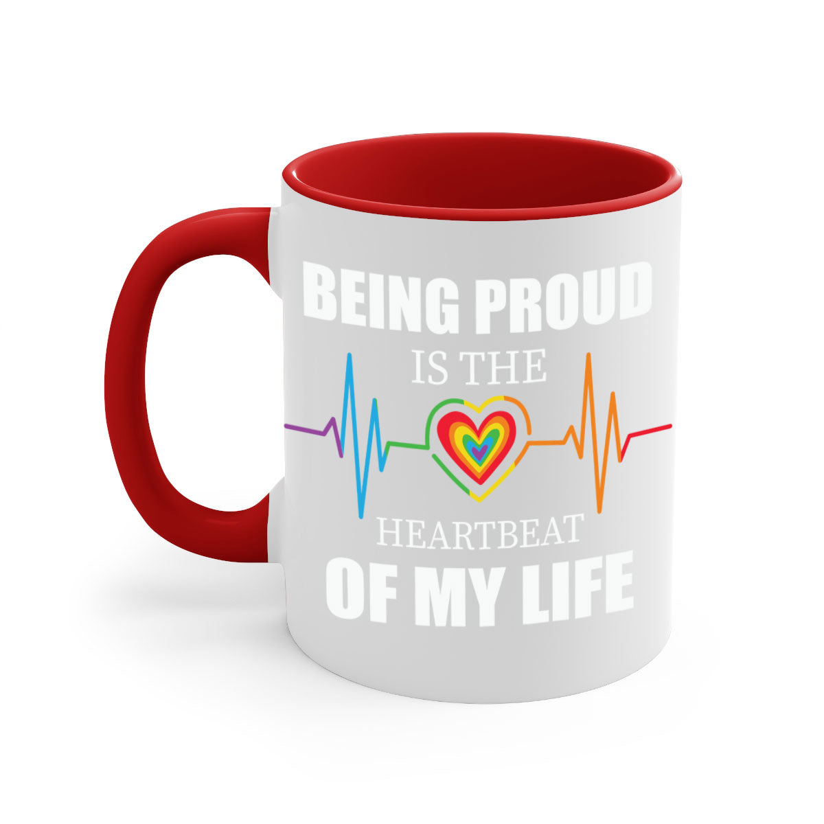 Being Proud is the Heartbeat LGBT Mug with colorful handle and interior, showcasing a glossy finish.