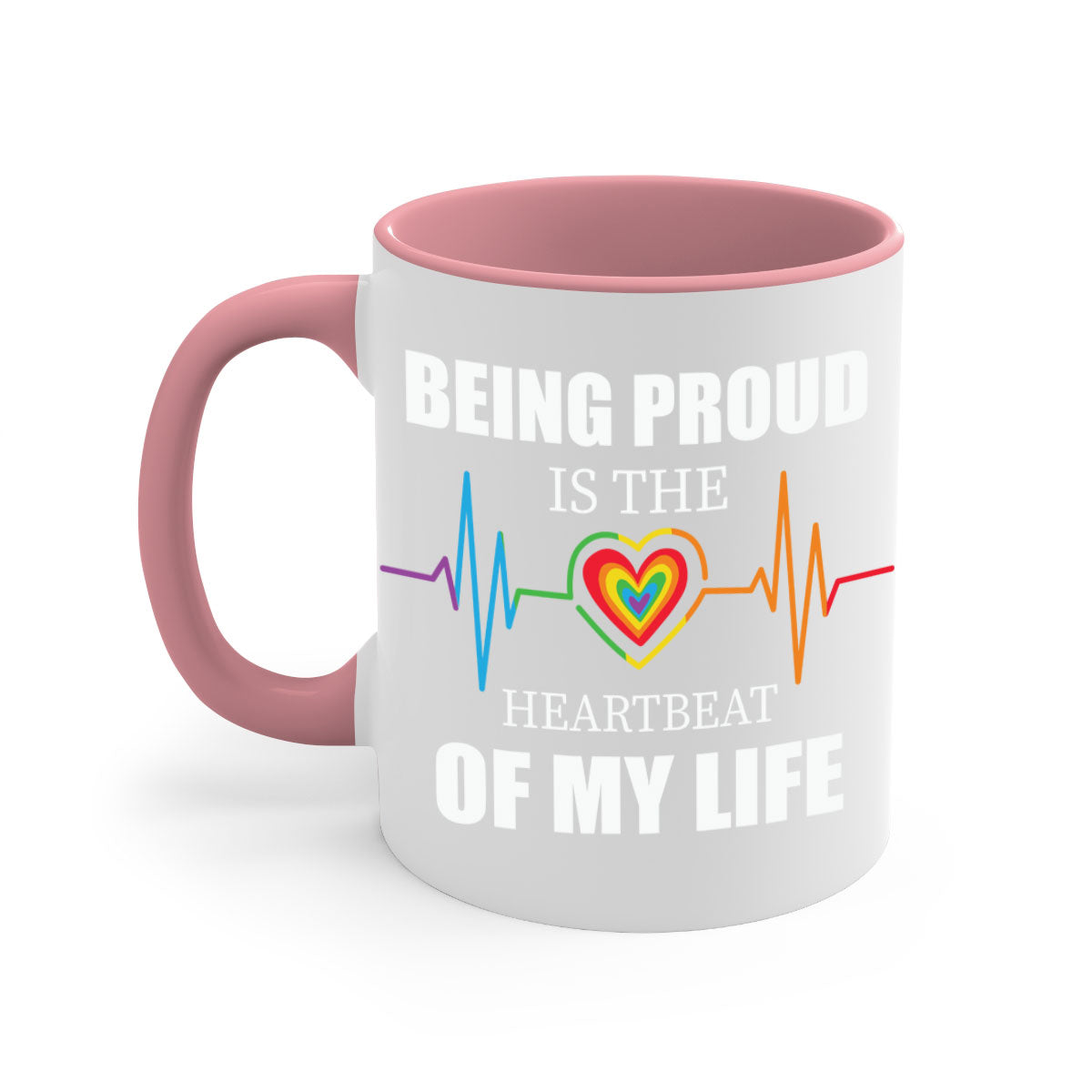 Being Proud is the Heartbeat LGBT Mug with colorful handle and interior, showcasing a glossy finish.