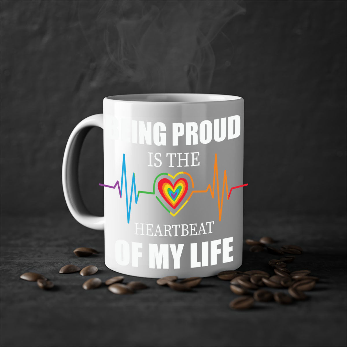 Being Proud is the Heartbeat LGBT Mug with colorful handle and interior, showcasing a glossy finish.