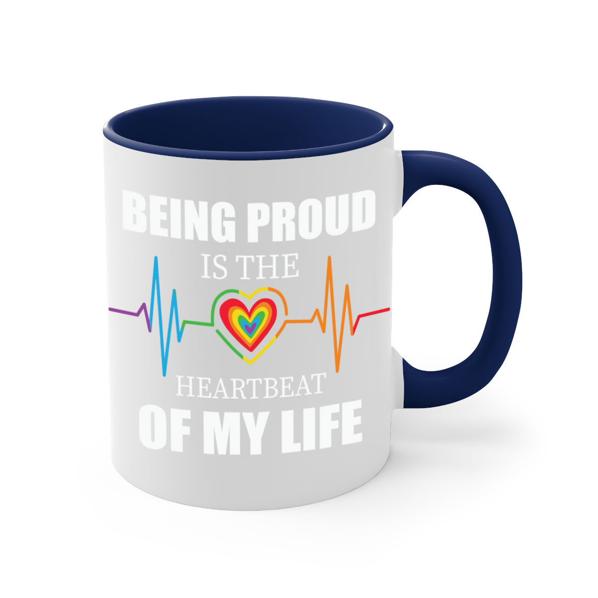 Being Proud is the Heartbeat LGBT Mug with colorful handle and interior, showcasing a glossy finish.