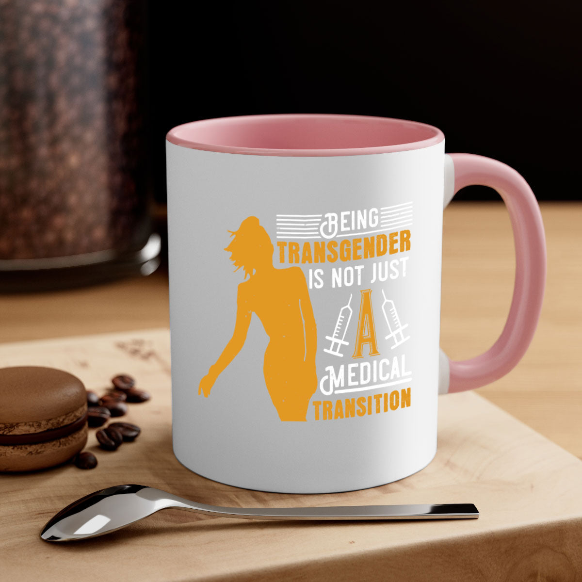 Being Transgender is Not Just a Medical Transition Style 17# Mug featuring a glossy finish, colored handle, and interior in five vibrant colors.