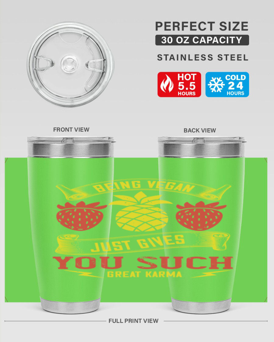 A stylish 20oz and 30oz vegan tumbler made of double wall vacuum stainless steel with a copper lining, featuring a drink-thru lid.