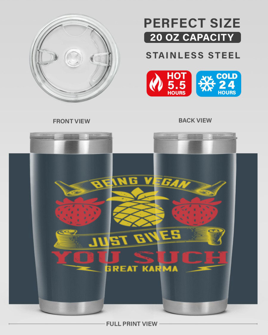 A stylish 20oz and 30oz vegan tumbler made of double wall vacuum stainless steel with a copper lining, featuring a drink-thru lid.