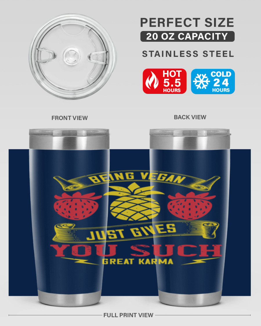 A stylish 20oz and 30oz vegan tumbler made of double wall vacuum stainless steel with a copper lining, featuring a drink-thru lid.