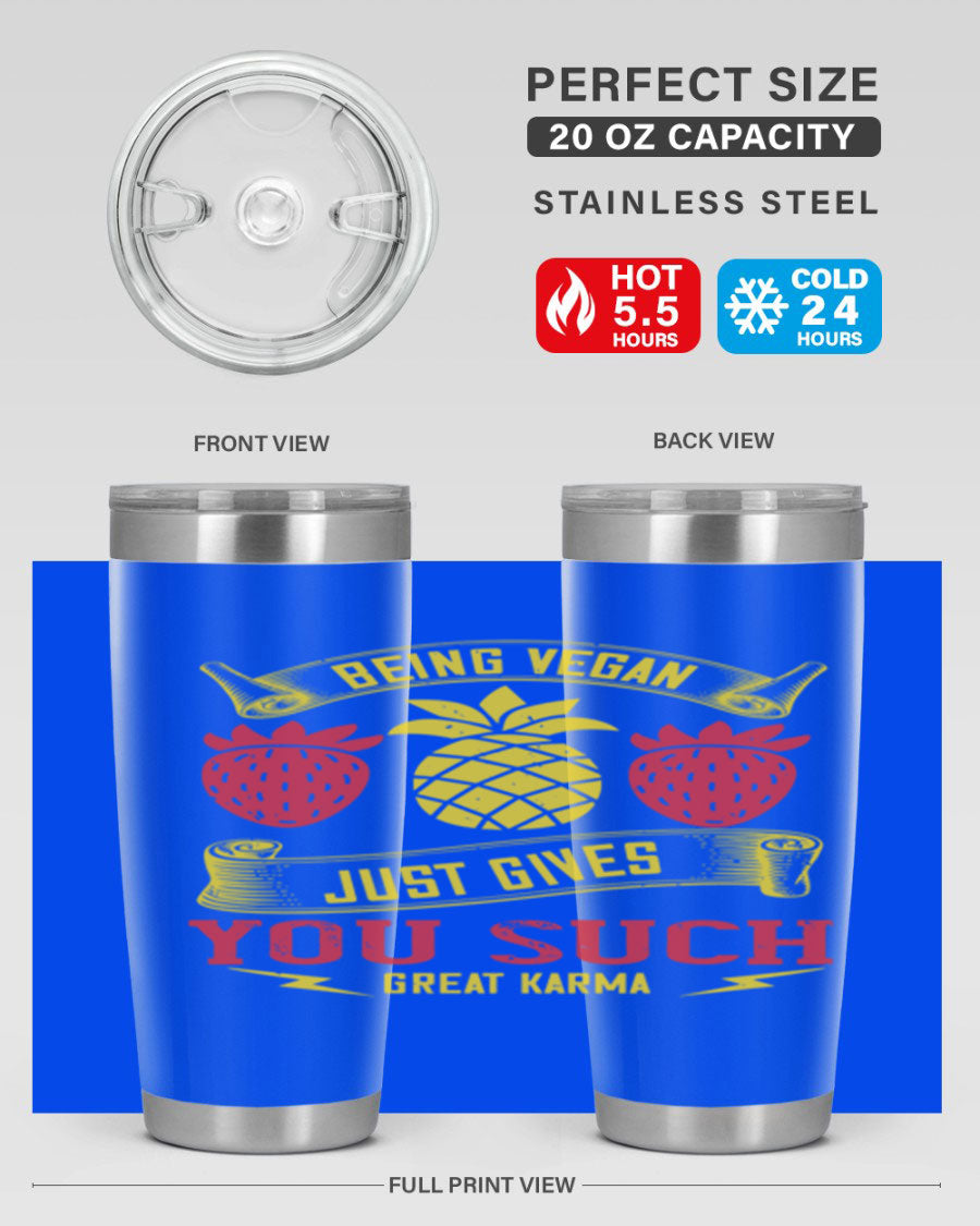 A stylish 20oz and 30oz vegan tumbler made of double wall vacuum stainless steel with a copper lining, featuring a drink-thru lid.