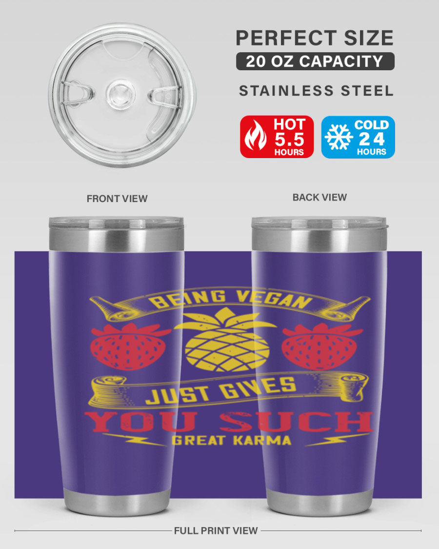 A stylish 20oz and 30oz vegan tumbler made of double wall vacuum stainless steel with a copper lining, featuring a drink-thru lid.