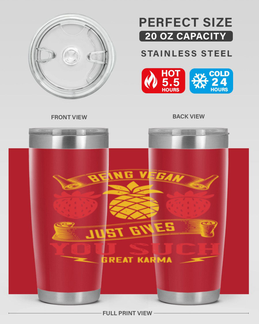 A stylish 20oz and 30oz vegan tumbler made of double wall vacuum stainless steel with a copper lining, featuring a drink-thru lid.