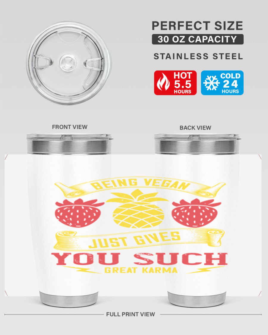 A stylish 20oz and 30oz vegan tumbler made of double wall vacuum stainless steel with a copper lining, featuring a drink-thru lid.