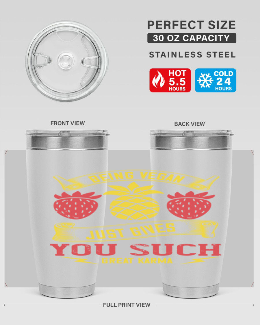 A stylish 20oz and 30oz vegan tumbler made of double wall vacuum stainless steel with a copper lining, featuring a drink-thru lid.