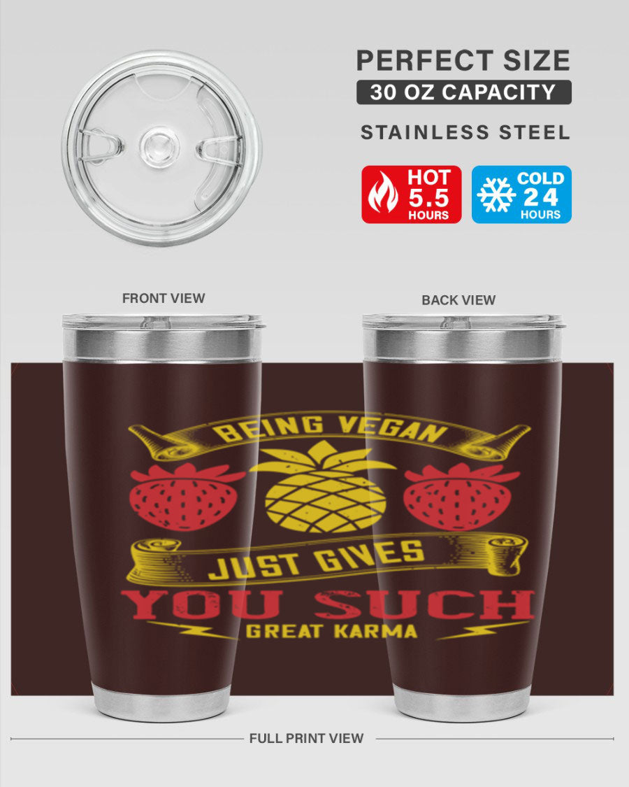 A stylish 20oz and 30oz vegan tumbler made of double wall vacuum stainless steel with a copper lining, featuring a drink-thru lid.