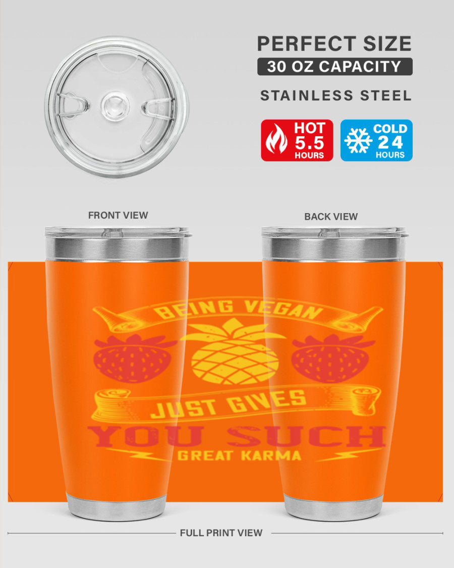 A stylish 20oz and 30oz vegan tumbler made of double wall vacuum stainless steel with a copper lining, featuring a drink-thru lid.