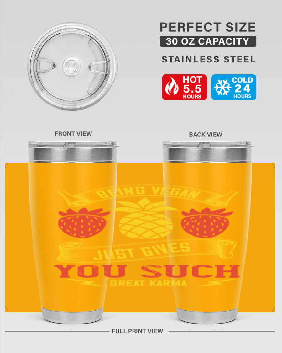 A stylish 20oz and 30oz vegan tumbler made of double wall vacuum stainless steel with a copper lining, featuring a drink-thru lid.