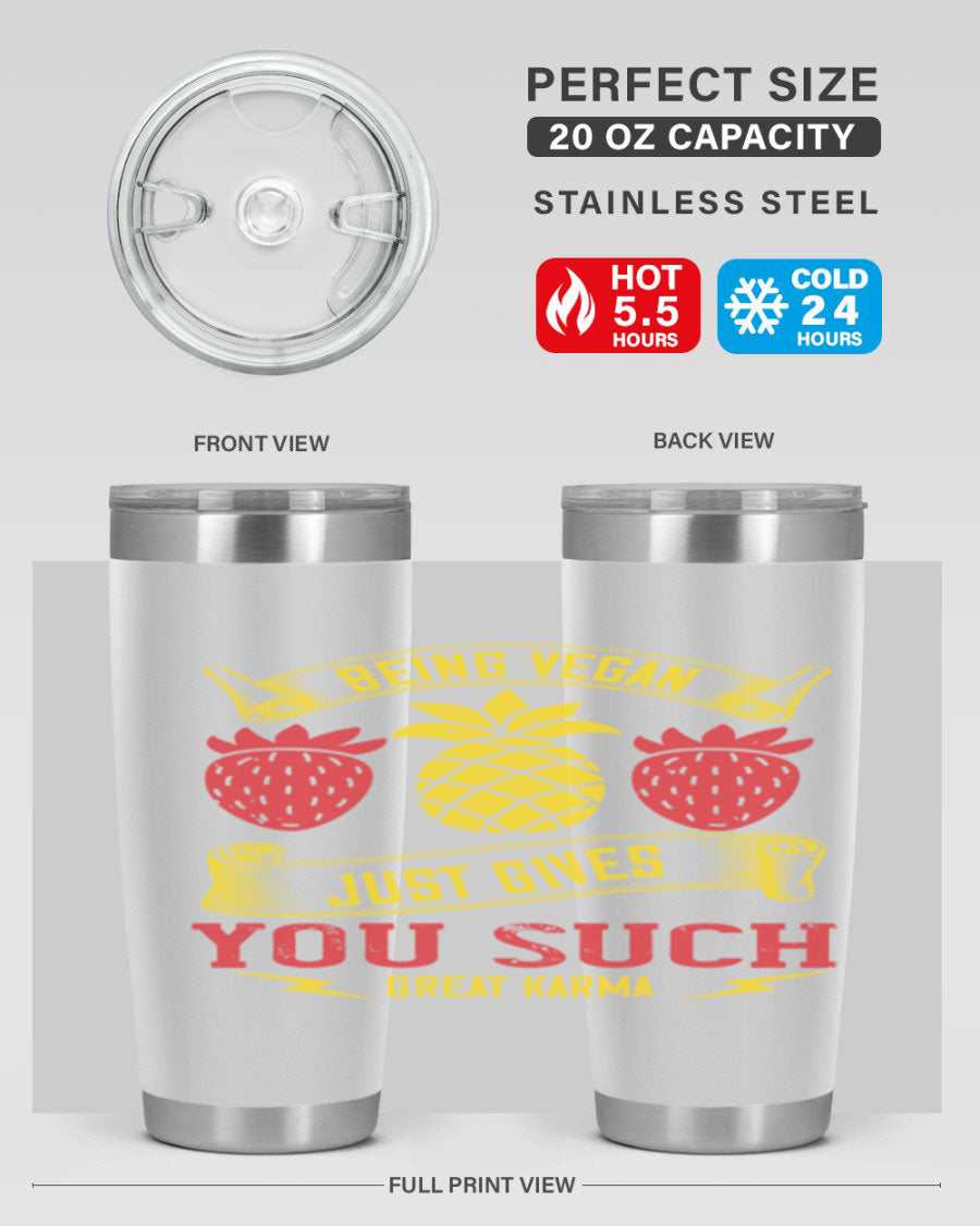 A stylish 20oz and 30oz vegan tumbler made of double wall vacuum stainless steel with a copper lining, featuring a drink-thru lid.