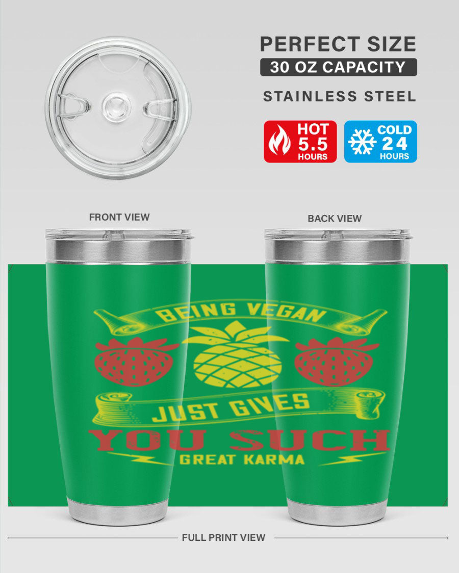 A stylish 20oz and 30oz vegan tumbler made of double wall vacuum stainless steel with a copper lining, featuring a drink-thru lid.