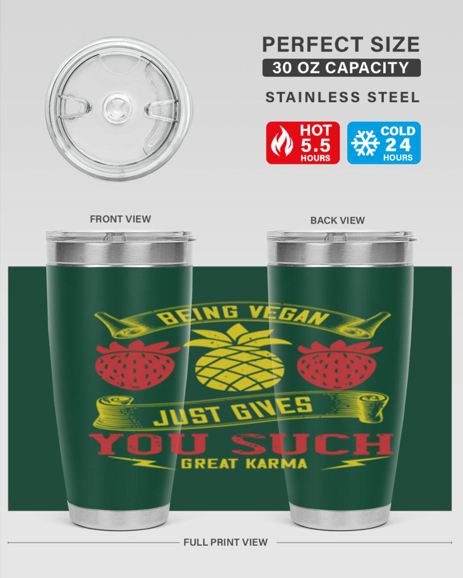 A stylish 20oz and 30oz vegan tumbler made of double wall vacuum stainless steel with a copper lining, featuring a drink-thru lid.