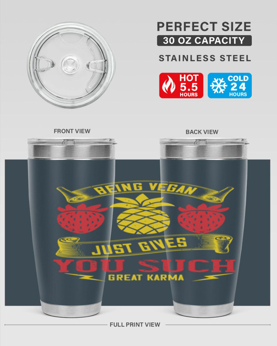 A stylish 20oz and 30oz vegan tumbler made of double wall vacuum stainless steel with a copper lining, featuring a drink-thru lid.