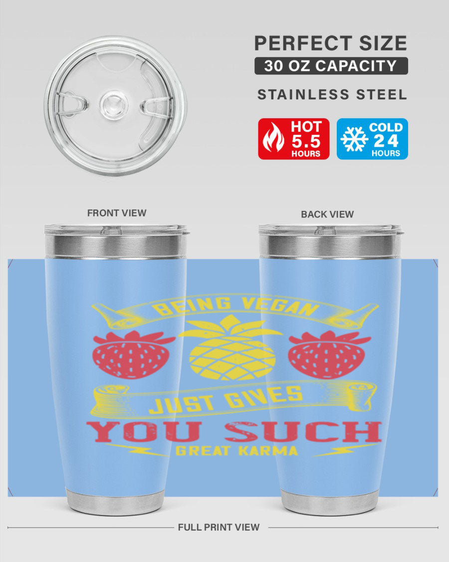 A stylish 20oz and 30oz vegan tumbler made of double wall vacuum stainless steel with a copper lining, featuring a drink-thru lid.