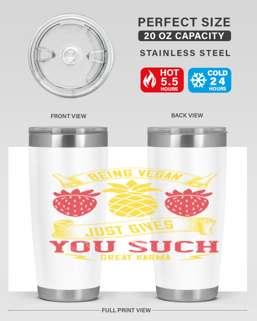 A stylish 20oz and 30oz vegan tumbler made of double wall vacuum stainless steel with a copper lining, featuring a drink-thru lid.