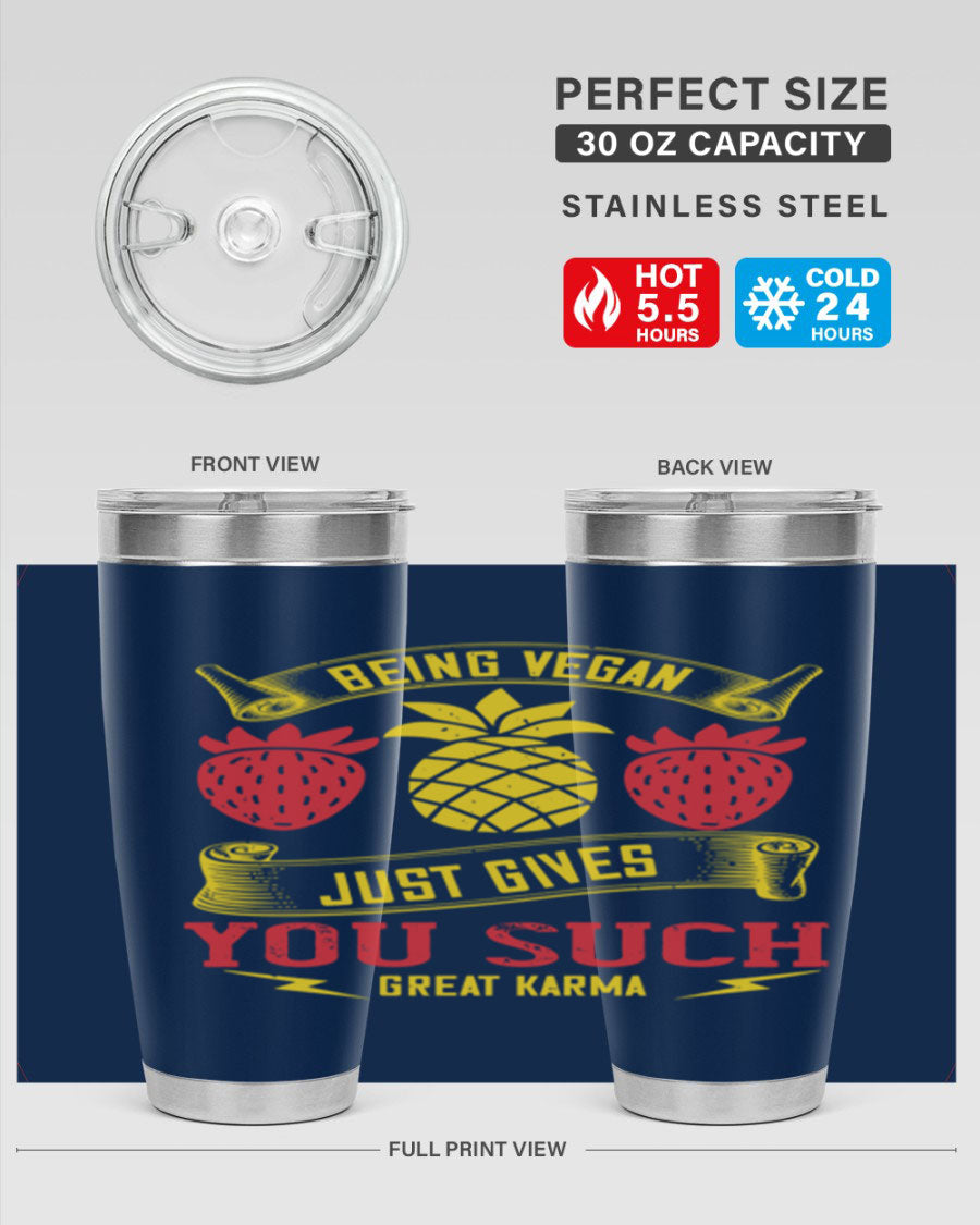 A stylish 20oz and 30oz vegan tumbler made of double wall vacuum stainless steel with a copper lining, featuring a drink-thru lid.