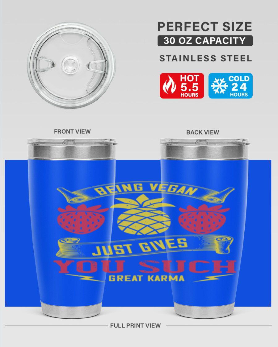 A stylish 20oz and 30oz vegan tumbler made of double wall vacuum stainless steel with a copper lining, featuring a drink-thru lid.