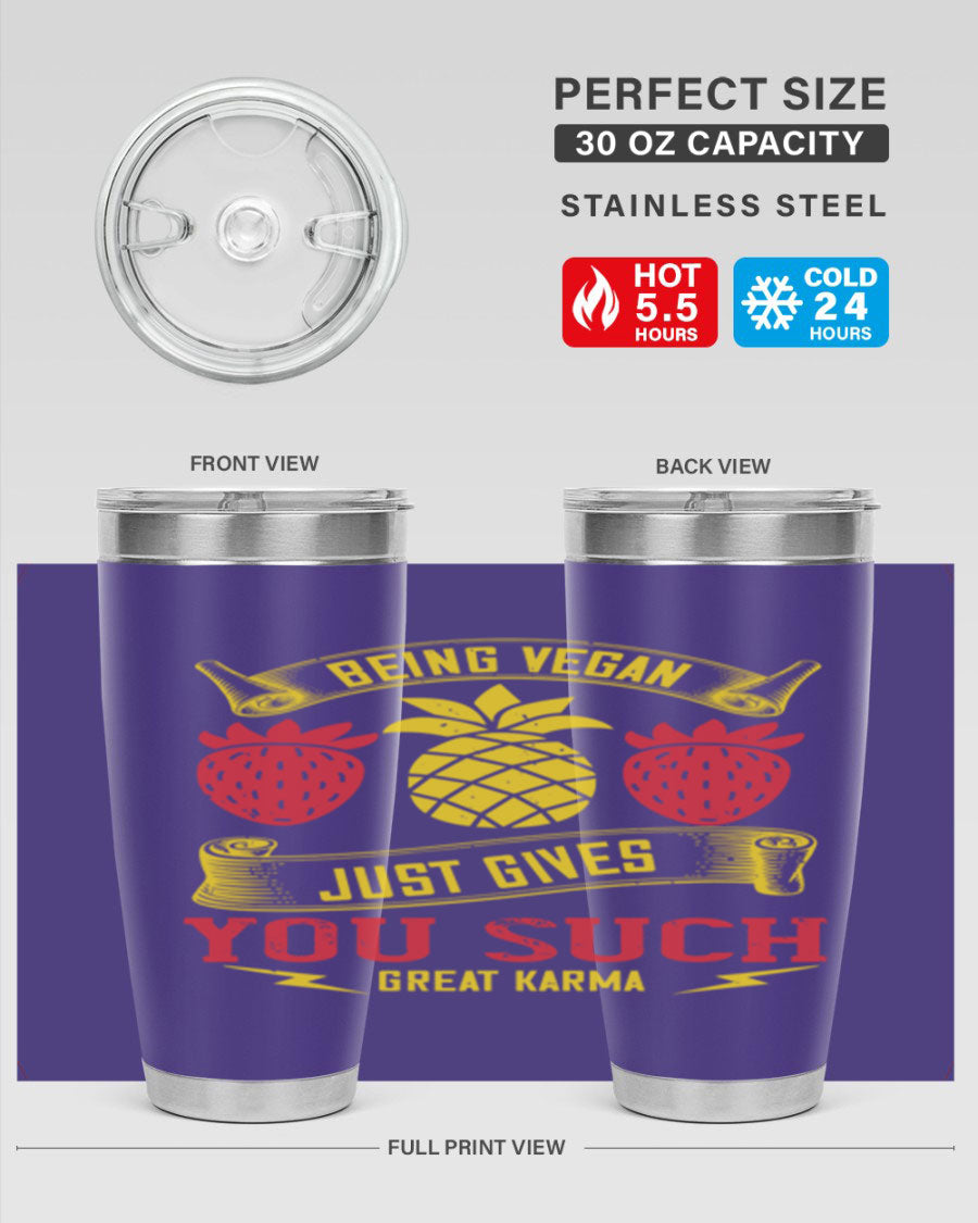 A stylish 20oz and 30oz vegan tumbler made of double wall vacuum stainless steel with a copper lining, featuring a drink-thru lid.