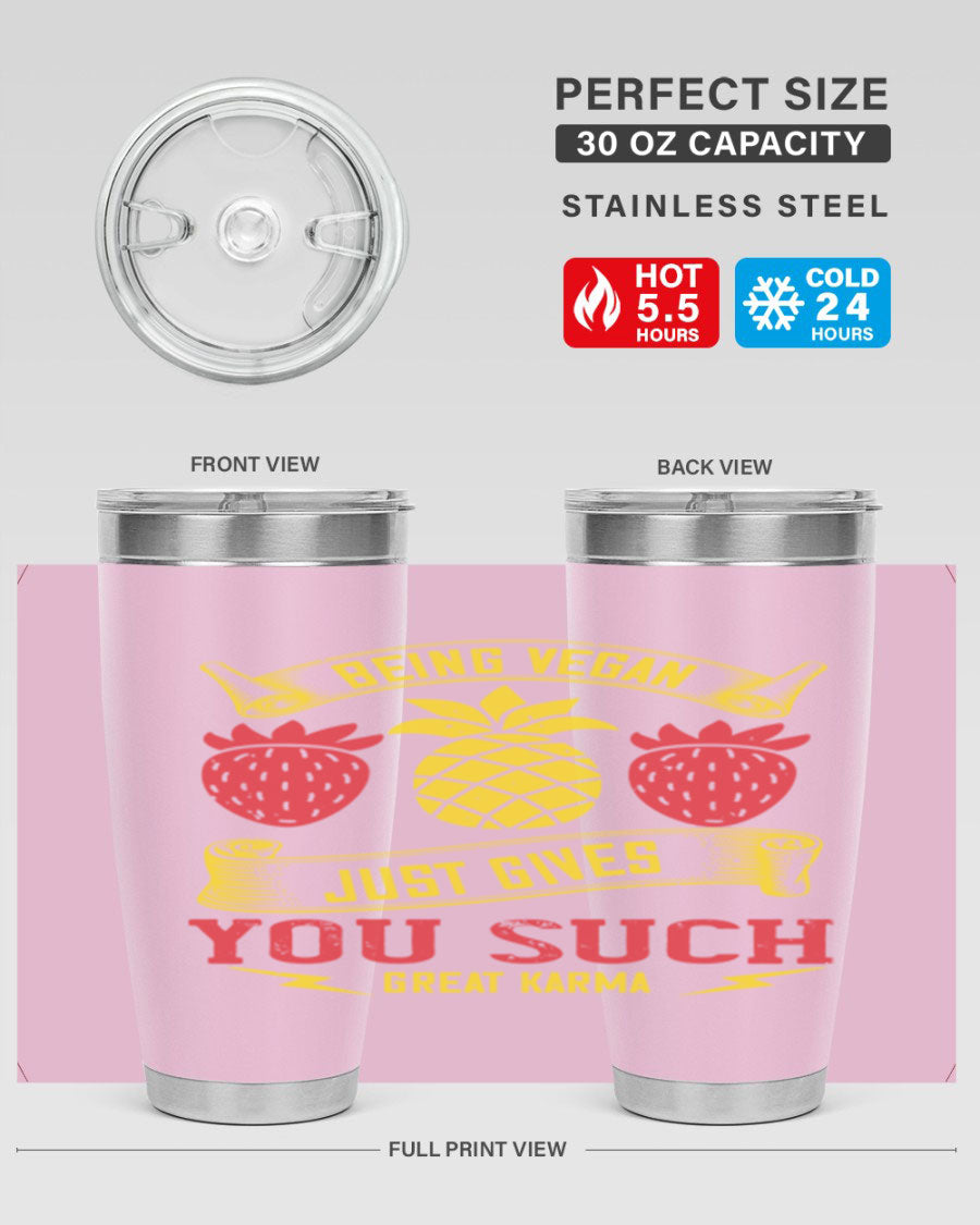 A stylish 20oz and 30oz vegan tumbler made of double wall vacuum stainless steel with a copper lining, featuring a drink-thru lid.