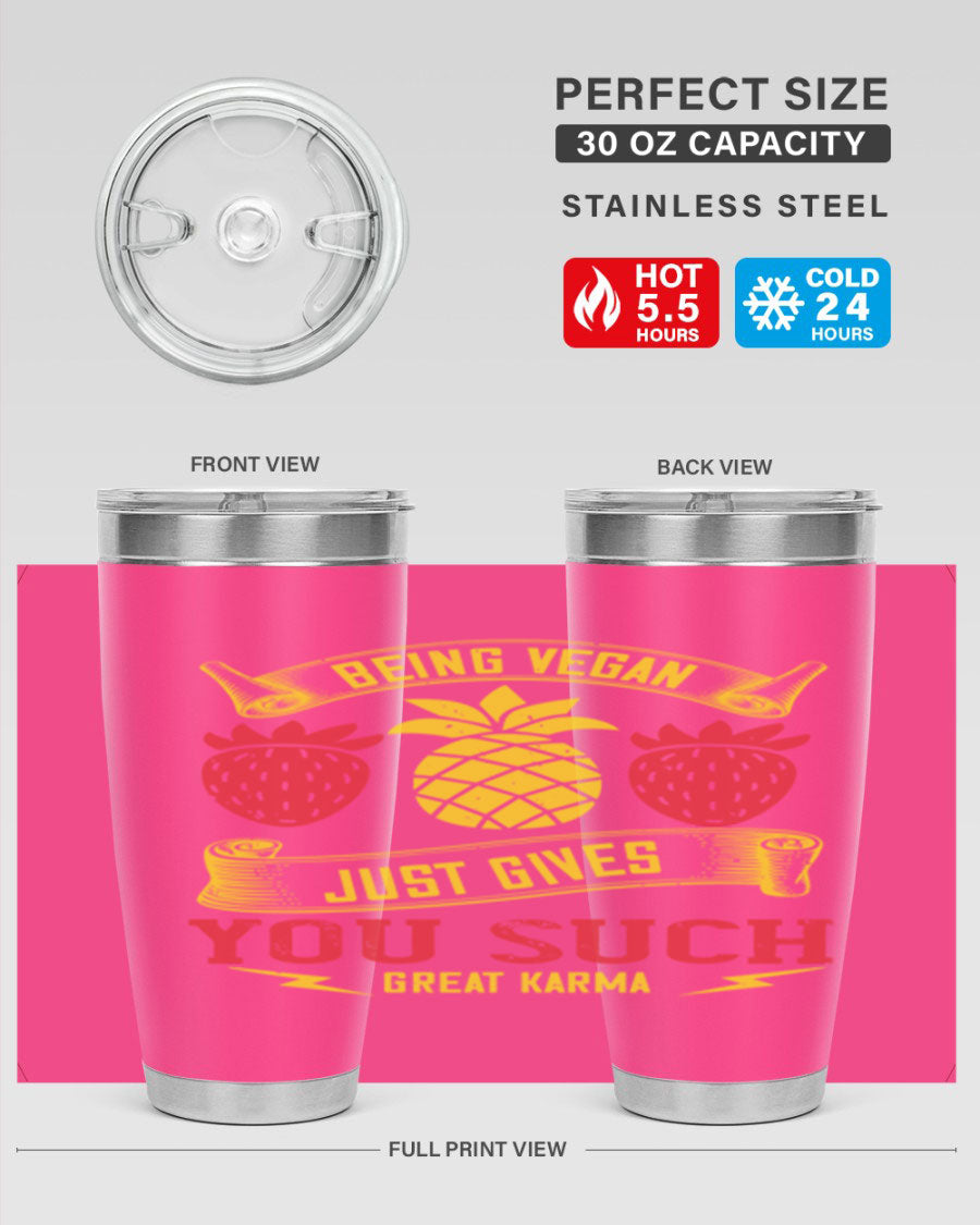 A stylish 20oz and 30oz vegan tumbler made of double wall vacuum stainless steel with a copper lining, featuring a drink-thru lid.