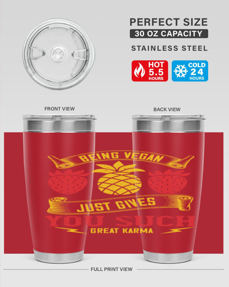 A stylish 20oz and 30oz vegan tumbler made of double wall vacuum stainless steel with a copper lining, featuring a drink-thru lid.